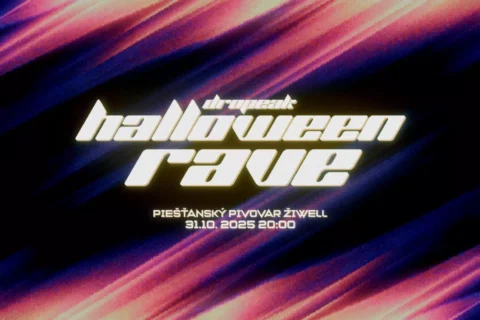 Výrazný, futuristický text znie „Dropeak Halloween Rave“ na abstraktnom, neónovo sfarbenom pozadí v ružových a fialových odtieňoch. Detaily podujatia: „Piešťanský Pivovar Žiwell, 31.10.2025 20:00.“
