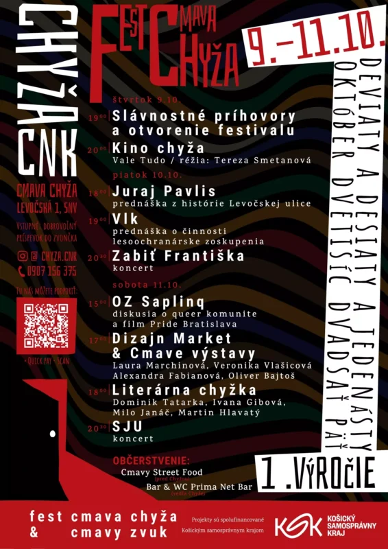 Plagát festivalu „Fest Cmava Chyža“ od 9. do 11. októbra. Výrazný, farebný text zdôrazňuje podujatia ako filmy, prednášky, koncerty a trhy v dynamickom, slávnostnom rozložení.