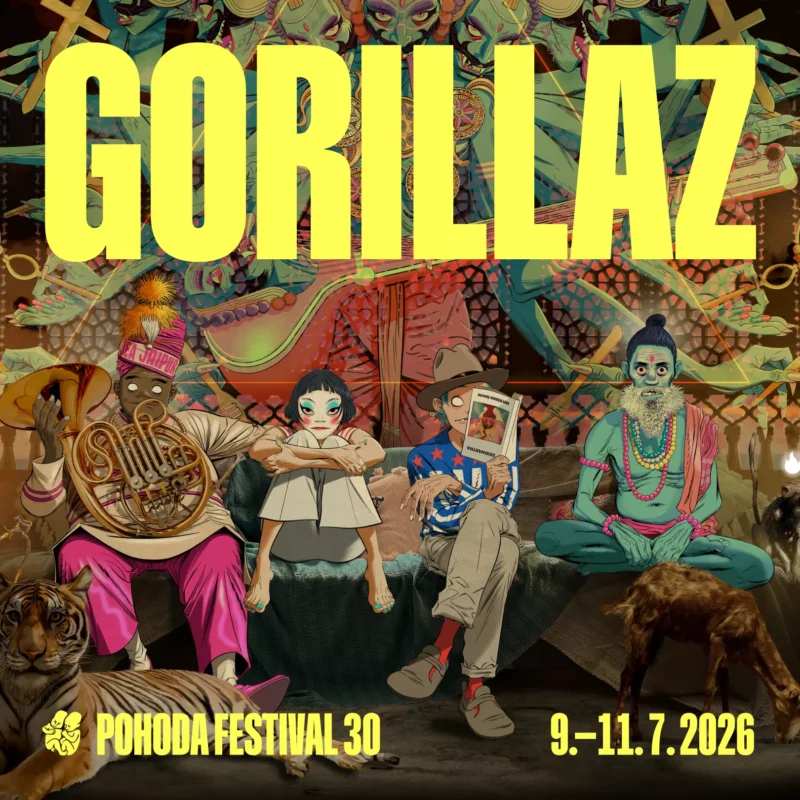 Ilustrovaný plagát pre festival Pohoda 2026 s animovanými hudobníkmi v žiarivých outfitoch, tigrom a mystickým pozadím. Text znie „GORILLAZ“.