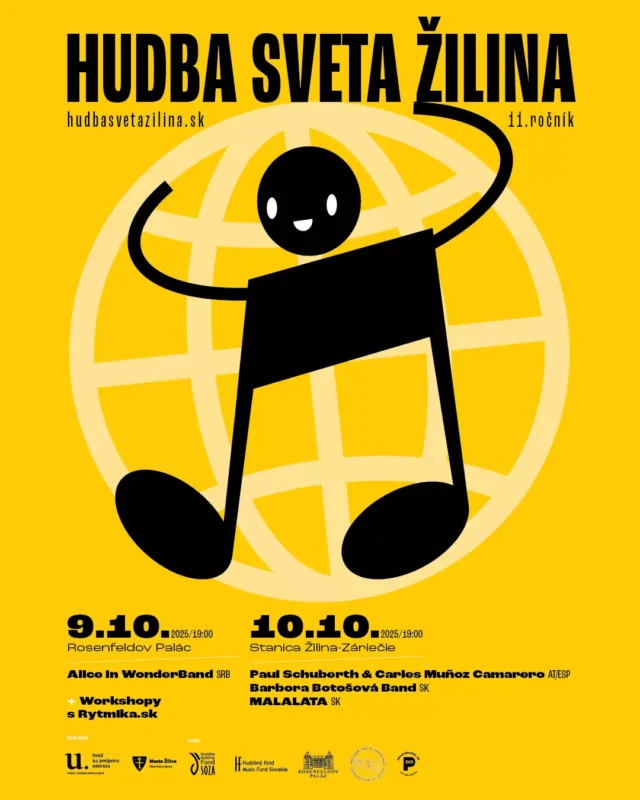 Žltý plagát hudobného podujatia "Hudba Sveta Žilina" zobrazuje usmievavú čiernu notovú figúrku nad štylizovaným glóbusom. Dátumy podujatia: 9.10. a 10.10.