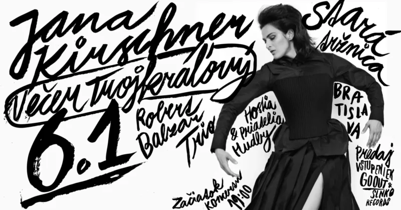 Čiernobiely propagačný plagát s vyobrazením ženy v elegantných, splývavých šatách vpravo. Väčšinu obrázka pokrýva výrazný, štylizovaný text s výrazne zobrazenými detailmi udalosti. Celkový tón je dramatický a umelecký.