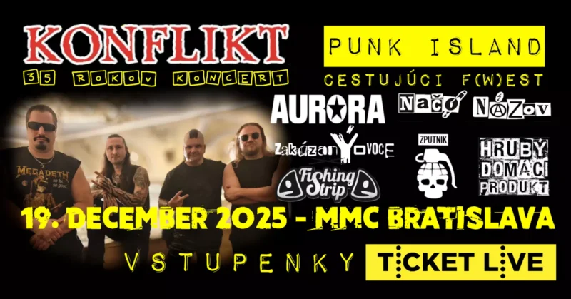 Koncertný plagát k 35. výročiu skupiny Konflikts 19. decembra 2025 v Bratislave. Zobrazuje názvy kapiel a štyroch členov v tmavom oblečení. Tučný text a žlté akcenty vytvárajú živú punkovú tému.