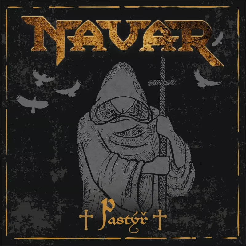 Tmavý, textúrovaný obal albumu s postavou v kapucni držiacou kríž. Hore je tučným, sotrovaným zlatým textom „Navar“ a dole „Pastýř“. Lietajúce vtáky dodávajú albumu tajomný nádych.