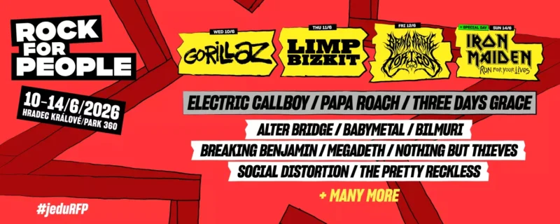 Červený banner pre festival „Rock for People“, 10. – 14. júna 2026 v Hradci Králové, na ktorom vystúpia kapely ako Gorillaz, Limp Bizkit a Iron Maiden.