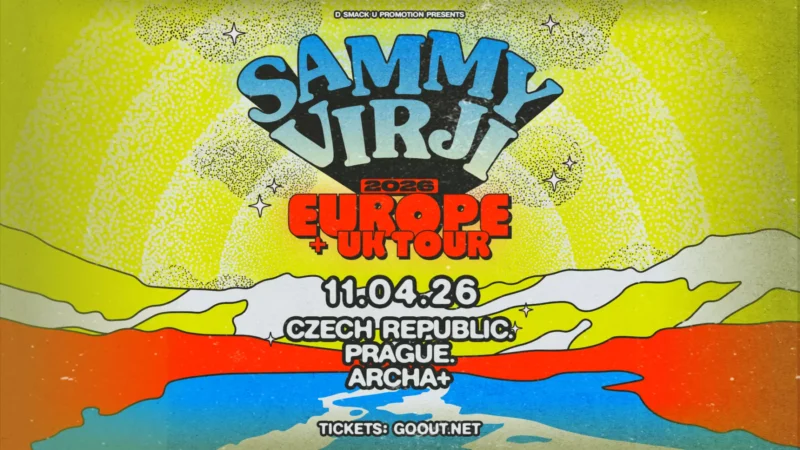 Koncertný plagát v retro štýle pre turné Sammyho Virjiho po Európe a Spojenom kráľovstve v roku 2026. Výrazná, farebná grafika s malebnými krajinami a živým textom vrátane podrobností o dátume a mieste: 11.04.26, Praha, Česká republika v Archa+