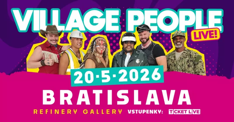 Alternatívny text: „Farebný koncertný plagát Village People v Bratislave 20. mája 2026. Členovia skupiny v ikonických kostýmoch na živom pozadí.“