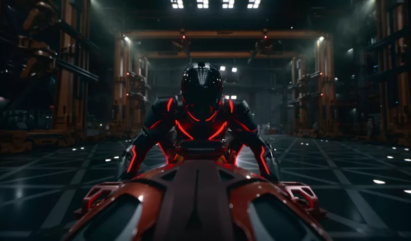 Futuristická postava v žiarivom čiernočervenom brnení sa nakláňa nad elegantné vozidlo v slabo osvetlenom priemyselnom hangári, čím vyjadruje intenzitu a akciu.