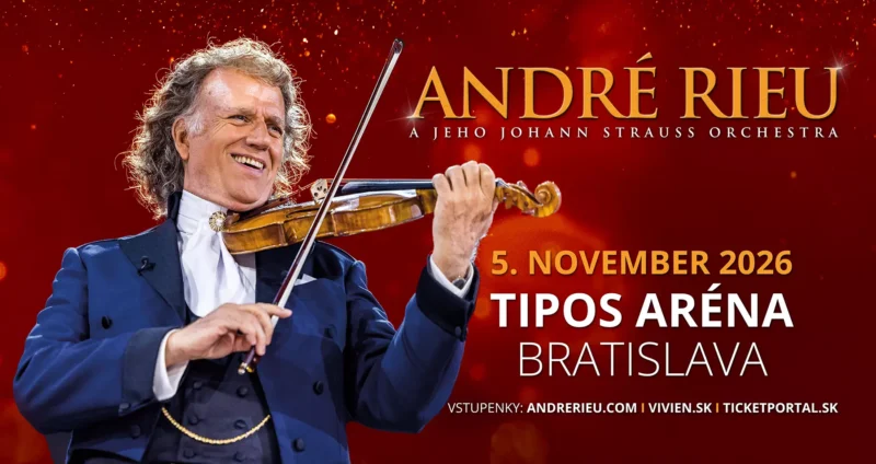 André Rieu vášnivo hrá na husliach na červenom trblietavom pozadí. Text podrobne opisuje koncert 5. novembra 2026 v Tipos Aréne v Bratislave. Emócie sú radostné.