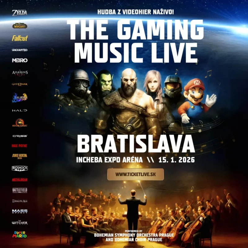 Poster for "The Gaming Music Live" concert in Bratislava on January 15, 2026. Features video game characters above an orchestra. Energetic and epic tone.