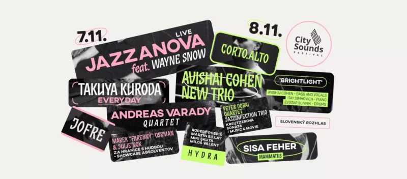 Alternatívny text: „Grafika pre festival City Sounds obsahuje názvy kapiel ako Jazzanova, Avishai Cohen Trio a Corto.Alto. Živé farby naznačujú živú udalosť.“