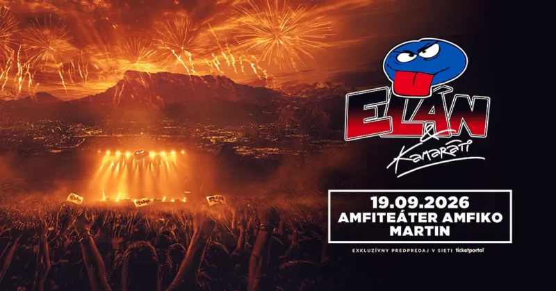 Plagát koncertu so žiarivo oranžovou oblohou a ohňostrojom nad siluetou hory. Veľký dav vzrušene dvíha ruky. Text: „Elán“, „19.09.2026“, „Amfiteáter Amfiko, Martin“.