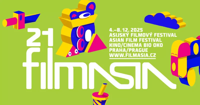 Farebný a hravý dizajn pre 21. ročník ázijského filmového festivalu Filmasia v Prahe. Text s podrobnosťami o podujatí na žiarivo zelenom pozadí s geometrickými tvarmi.