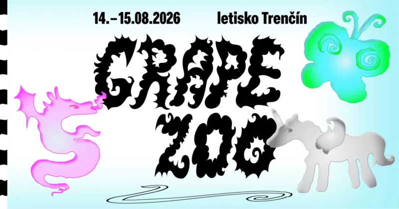 Plagát festivalu „Hrozno 2026“, ktorý sa bude konať 14. – 15. augusta v Trenčíne. Obsahuje fantasy prvky: ružového draka, sivého jednorožca a tyrkysového motýľa. Hravý tón.