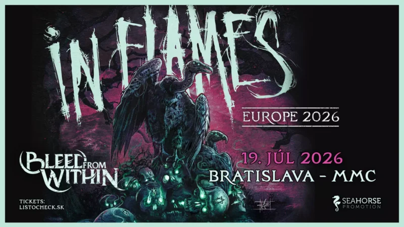 Koncertný plagát kapely „In Flames“, ktorá oznamuje ich turné po Európe v roku 2026. Obsahuje temné, strašidelné umelecké diela s vranami a gotickými prvkami. Dátum: 19. júla 2026, bratislavské MMC. Predkapela: Bleed From Within.