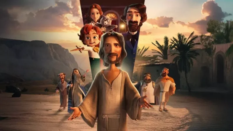 Animovaná scéna s pokojnou postavou v popredí s otvorenými rukami, obklopenou rôznymi postavami. Západ slnka a púštne prostredie vytvárajú pokojnú atmosféru.