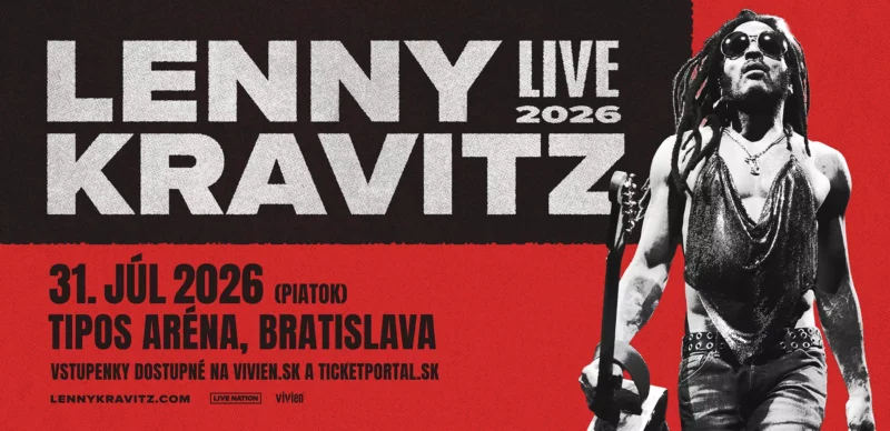 Čiernočervený propagačný obrázok koncertu Lennyho Kravitza v Bratislave v roku 2026 s tučným textom a monochromatickou fotografiou umelca s gitarou.