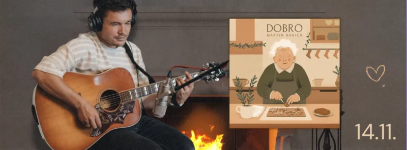 Muž hrá na akustickú gitaru pri útulnom krbe. Vedľa neho je ilustrovaný obal albumu s vyobrazením staršieho človeka, ktorý pečie. Text znie „14.11“.