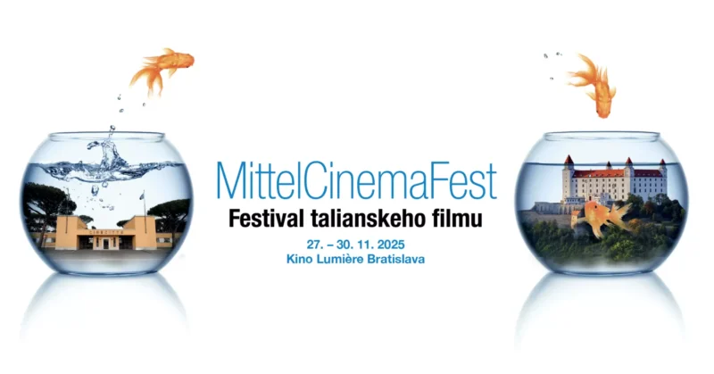 Dve akvária s orientačnými bodmi: jedno s budovou a skákajúcou zlatou rybkou, druhé s hradom a potápajúcou sa rybkou. Text: MittelCinemaFest, Festival talianskeho filmu, 27. – 30. novembra 2025, Kino Lumière Bratislava.