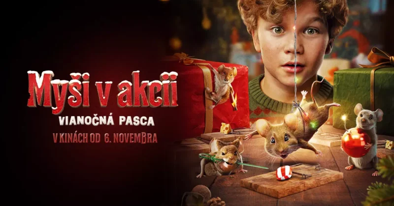 Prekvapené dieťa s kučeravými vlasmi sleduje skupinu dobrodružných myší, ako sa preháňajú po vianočných darčekoch. Scéna vyjadruje vzrušenie a sviatočnú náladu.