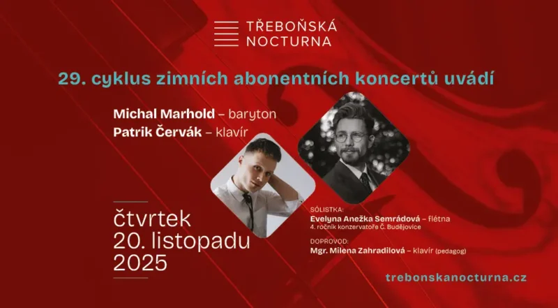 Červený oznam o koncerte „Třeboňská Nocturna“ 20. novembra 2025 obsahuje portréty dvoch hudobníkov a obsahuje textové podrobnosti o účinkujúcich a informácie o podujatí.