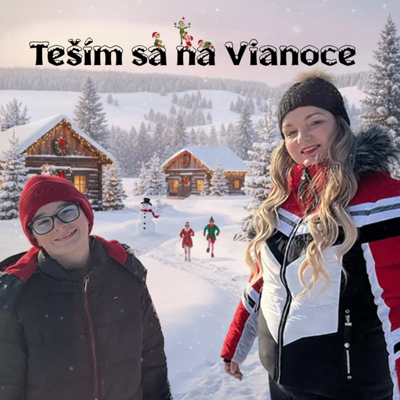 Dvaja ľudia v zimnom oblečení stoja v zasneženej krajine so zrubovými chatkami a vianočnými svetielkami. Hravý text nad ním znie: „Teším sa na Vianoce“, čo znamená „Teším sa na Vianoce“.
