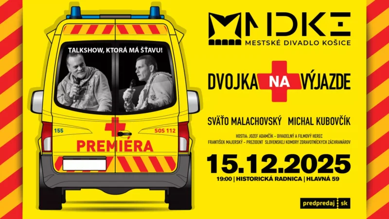 Yellow poster featuring an ambulance with a talk show theme. Hosts depicted are holding microphones. Event details: 15.12.2025, 19:00, Historicka Radnica.
