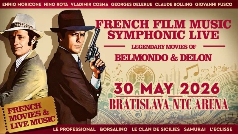 Plagát pre koncert French Film Music Symphonic Live 30. mája 2026 v Bratislave. Obsahuje historických detektívov s hudobnými notami a filmovými páskami.