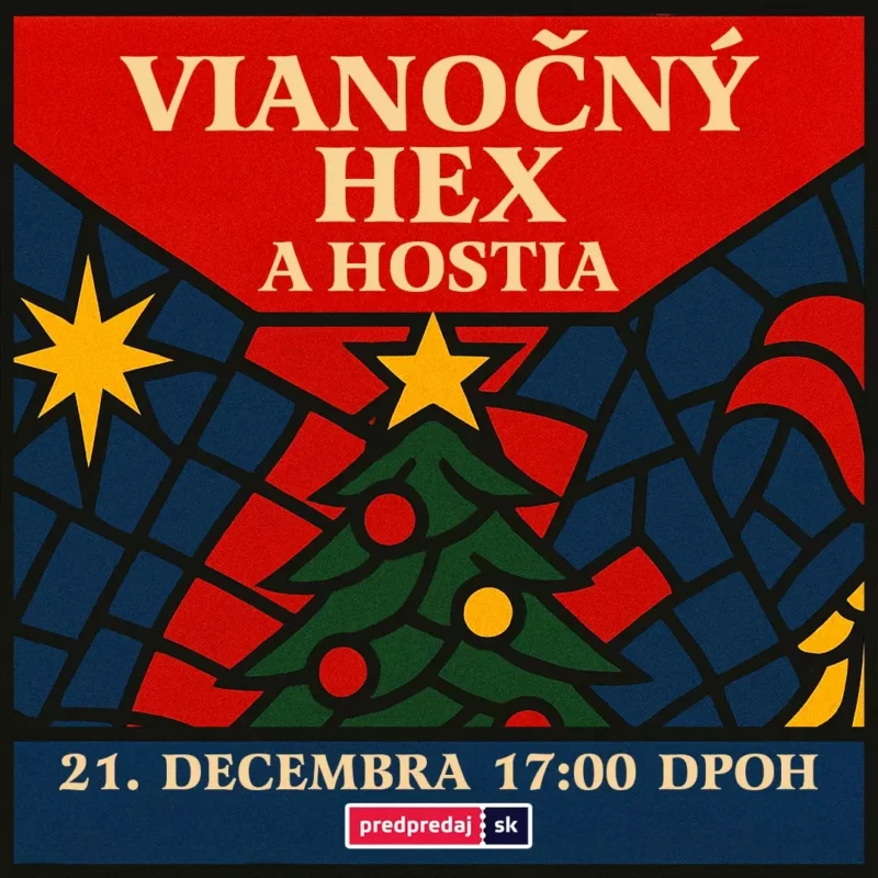 Stained glass style image with a Christmas tree, stars, and abstract patterns. Text reads "Vianočný Hex a Hostia," promoting an event on December 21 at 17:00.