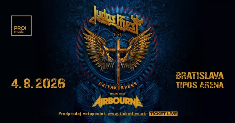 Koncertný plagát s tmavým, ohnivým dizajnom s okrídleným krížom. Na výraznom mieste sú nápisy „Judas Priest 2026“ a „Airbourne“. Detaily podujatia: 4.8.2026, Bratislava, Tipos Aréna.