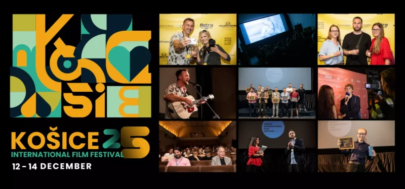 Banner Medzinárodného filmového festivalu v Košiciach s výraznými geometrickými vzormi a fotografiami účastníkov, hudobníka, publika a ocenených. Podujatie sa koná od 12. do 14. decembra a prináša slávnostnú a živú atmosféru.