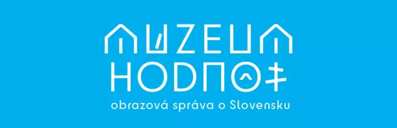 Modré pozadie so štylizovaným bielym textom s nápisom "Múzeum Hodnôt." Nižšie je v menšom texte napísané "obrazová správa o Slovensku." Moderný a čistý dizajn.