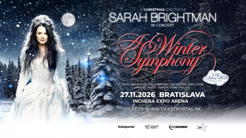 Koncertný plagát k albumu „Zimná symfónia“ so Sarah Brightman. Stojí v zasneženom lese pod splnom, oblečená v bielych šatách. Podrobnosti o podujatí zahŕňajú dátum 27. novembra 2026, miesto konania v Bratislave a informácie o vstupenkách na ticketportal.sk.