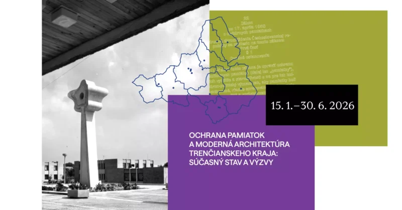 Čiernobiela fotografia modernistickej pamiatky v tvare kríža. Farebné prekrytia obsahujú mapu a slovenský text o architektúre a pamiatkovej ochrane.