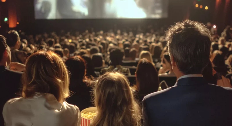 Preplnené kino premietajúce film na veľkom plátne. V popredí sedí rodina a drží pukance. Diváci sú sústredení a pohltení.