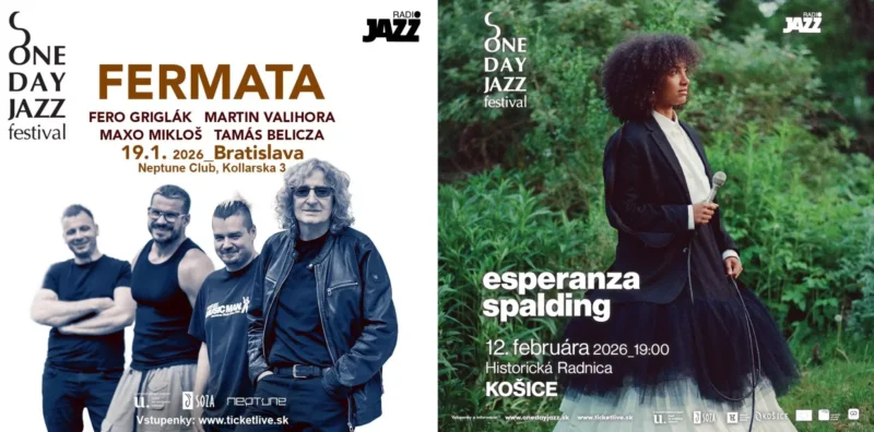 Obrázok je rozdelený na dva plagáty. Vľavo: Členovia kapely „Fermata“ sa usmievajú a informujú o podrobnostiach podujatia na koncert v Bratislave. Vpravo: Žena drží mikrofón v bujnej zeleni a propaguje koncert Esperanzy Spaldingovej v Košiciach. Oba sú súčasťou One Day Jazz Festivalu.