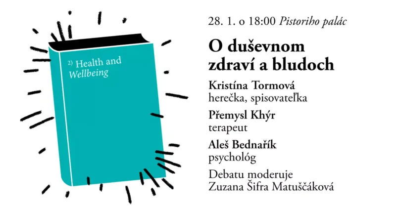 Tyrkysová kniha s označením „Zdravie a pohoda“ vedľa podrobností o podujatí v slovenčine o duševnom zdraví. Obsahuje mená rečníkov a moderátora.