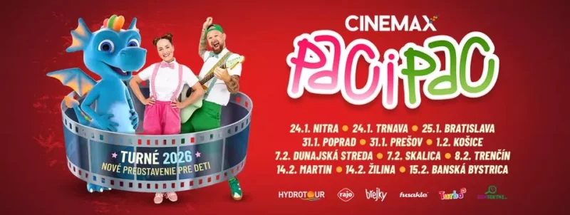 Farebný plagát k detskému turné spoločnosti Cinemax v roku 2026 s názvom „Paci Pac“. Zobrazuje usmiateho modrého draka a dvoch veselých umelcov vo vnútri filmového pásu. Dátumy a miesta turné sú uvedené na žiarivo červenom pozadí spolu s logami sponzorov.