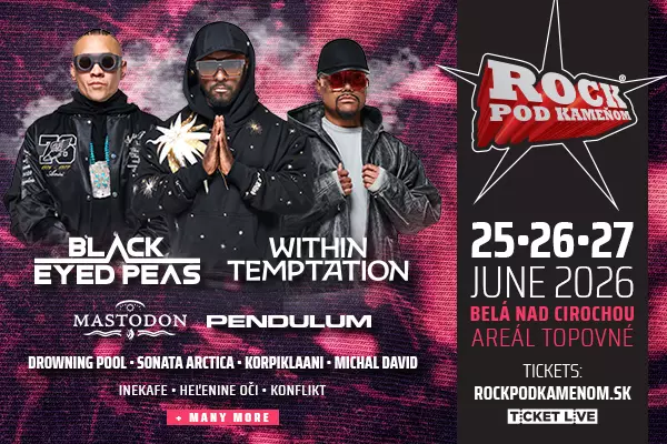 Propagačný plagát k festivalu Rock Pod Kameňom 2026 s Black Eyed Peas a Within Temptation. Termíny: 25.-27.6. Miesto: Belá nad Cirochou, Slovensko.