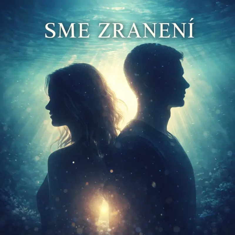 Siluety muža a ženy chrbtom k sebe v éterickom podvodnom prostredí so svetelnými lúčmi. Text nad ním znie „SME ZRANENÍ“, čo vyjadruje tajomný tón.
