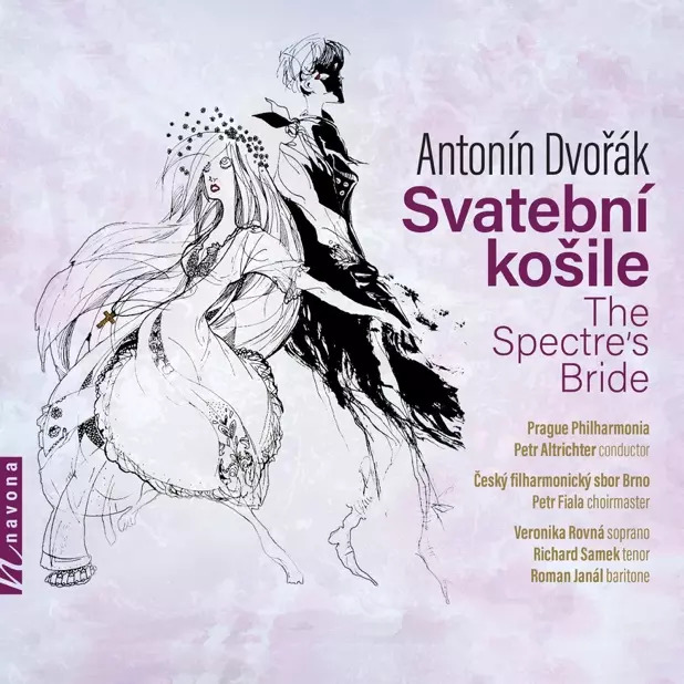 Obal diela Antonína Dvořáka „Svatební košile – Nevesta strašidla“ s abstraktnými kresbami dvoch postáv. Text obsahuje detaily o orchestri a interpretovi. Tón je éterický a dramatický.