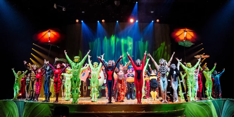 Účinkujúci v žiarivých kostýmoch s hmyzou tematikou stoja na pódiu so zdvihnutými rukami pod farebným osvetlením. Scéna je živá a oslavná.