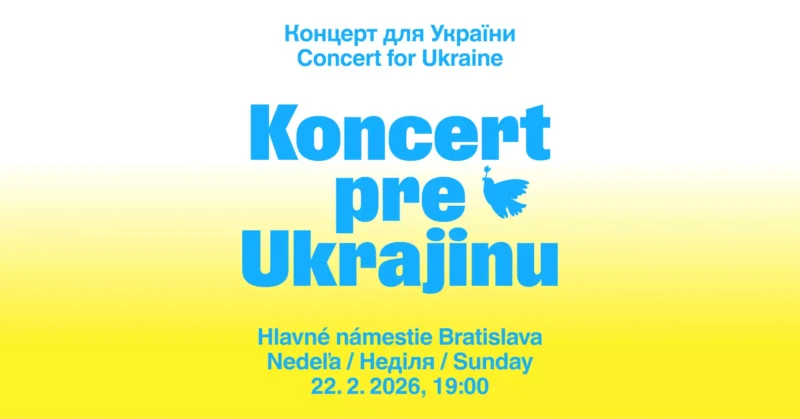 Modrý text na žltom gradientovom pozadí oznamuje „Koncert pre Ukrajinu“ v slovenčine, ukrajinčine a angličtine. Podrobnosti o podujatí: Bratislava, 22.2.2026, 19:00.