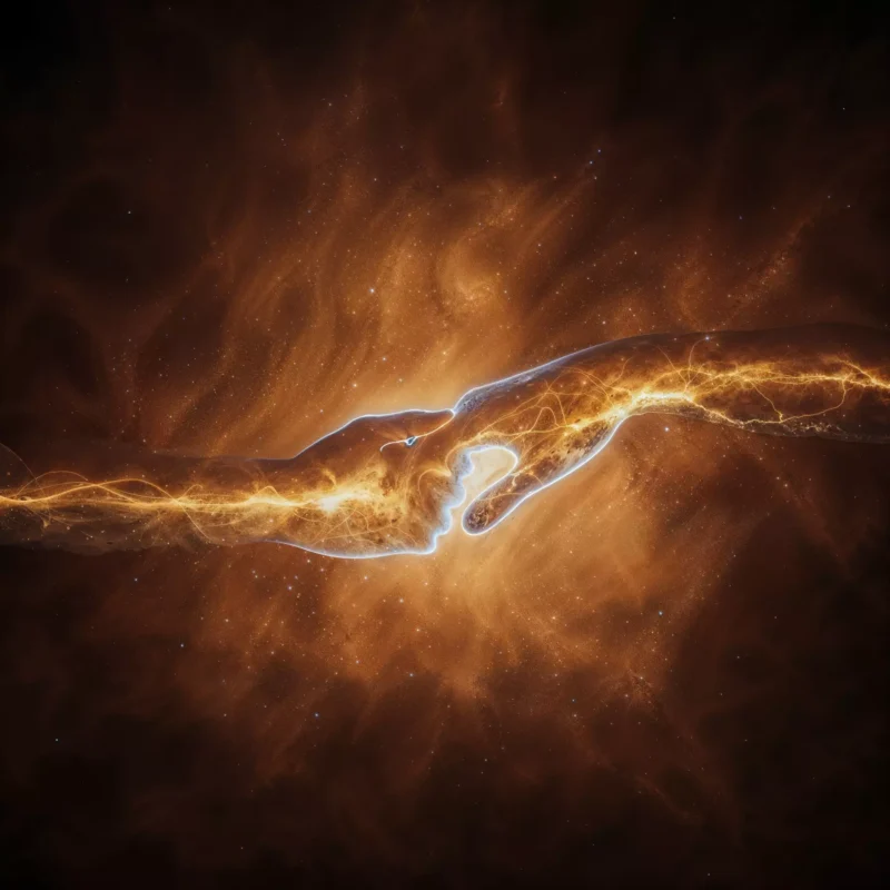 Dve žiariace ruky, obklopené éterickým svetlom, sa k sebe naťahujú na tmavom kozmickom pozadí a vyvolávajú pocit spojenia a energie.