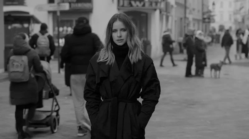 Čiernobiely obraz ženy v tmavom kabáte stojacej na rušnej ulici, obklopenej chodcami a psom. Pozerá sa priamo do kamery a vyvoláva zamyslenú náladu.
