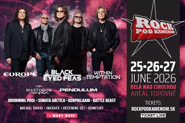 Alternatívny text: „s kapelou v tmavom oblečení. Podrobnosti o podujatí a program zahŕňajú Europe, Black Eyed Peas a ďalších.“