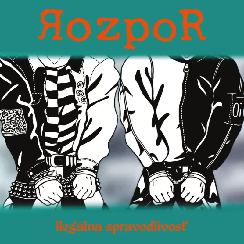 Ilustrovaný obal albumu: Dve postavy v punkovom štýle v monochromatických farbách s putami na rukách. Tučný červený text „RozpoR“ na tyrkysovej farbe a slovenské slová pod ním naznačujú vzburu.