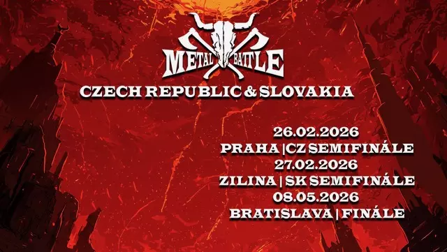 Červeno-čierny plagát pre podujatie Metal Battle v Českej republike a na Slovensku. Vrátane dátumov podujatia a miest: Praha, Žilina, Bratislava. Výrazný, intenzívny dizajn.
