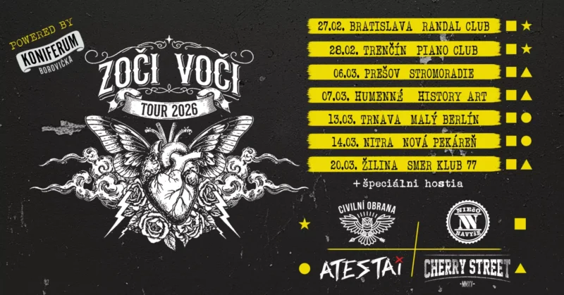 Koncertný plagát pre turné „Zoči Voči Tour 2026“. Centrálna grafika motýľa s ružami a bleskami. Dátumy a miesta turné sú uvedené vpravo v žltých rámčekoch. Vystupujú kapely „Civilni Obrana“, „Atestai“ a „Cherry Street“. Grunge štýl s čiernym pozadím a žltými akcentmi.