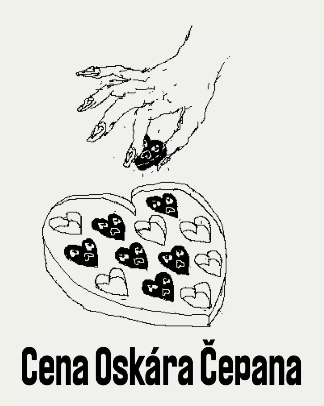 Ruka sa naťahuje k krabici v tvare srdca s čiernobielymi srdiečkovými dekoráciami. Pod ňou je nápis „Cena Oskára Čepana“.