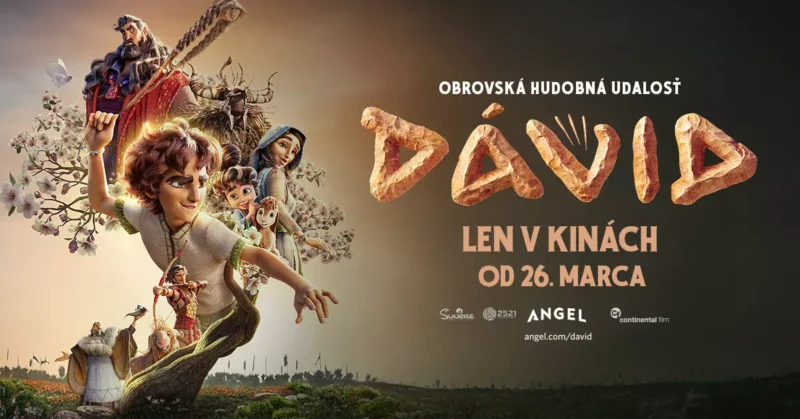Plagát k animovanému filmu „Dávid“ zobrazuje hrdinskú postavu s prakom, obklopenú ostatnými ľuďmi v bujnej krajine pod dramatickou oblohou.